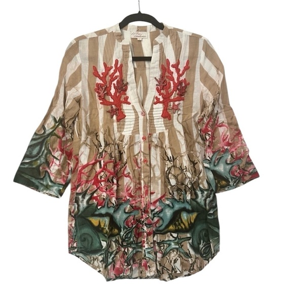 Antica Sartoria Striped Coral Print Embellished Button Down Blouse - Picture 1 of 7